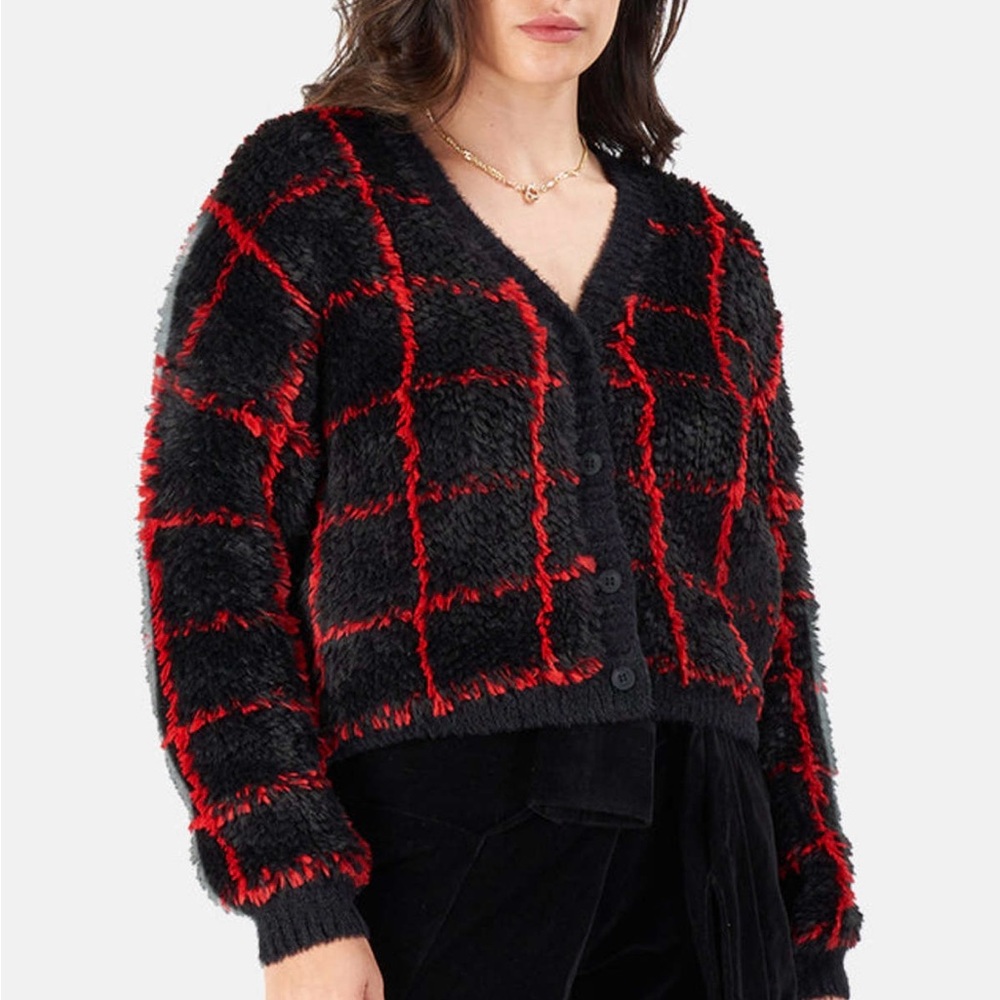 RtA Black and Red Grid Fuzzy Christmas Holiday Cardigan - Picture 4 of 6